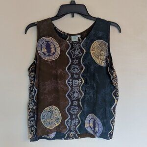 Peaceful People Sleeveless Top in Brown, Blue, Teal, Purple, Beige | Size Large